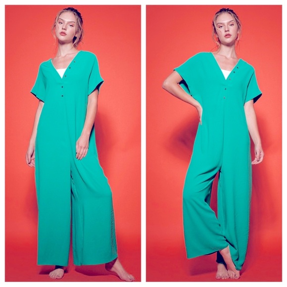 03 Boho Absolutely Fabulous Short Sleeve Wide Leg Button Front Jumpsuit - Picture 3 of 5